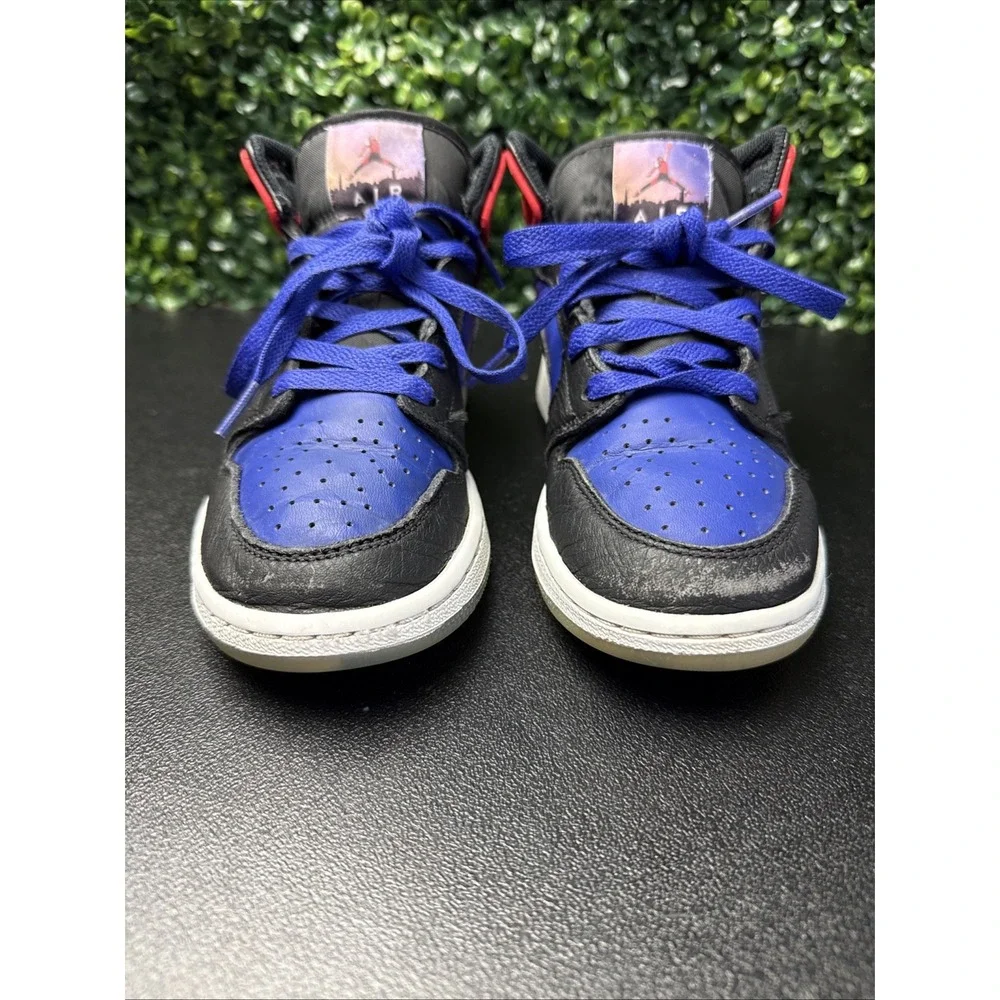 Nike Air Jordan 1 Mid Boys Size 4Y Blue Black Athletic Leather Shoes Sneakers